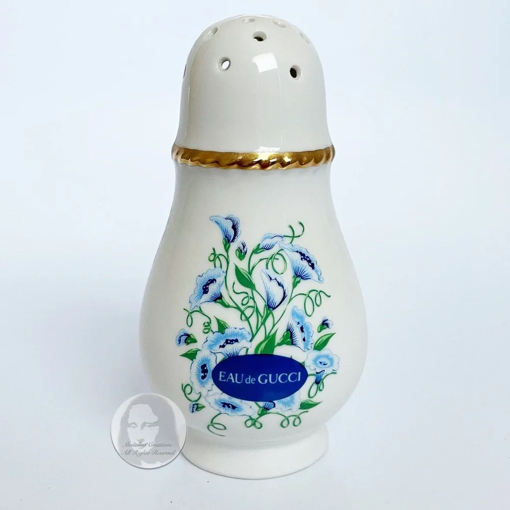 Eau de Gucci Powder Shaker Blue Florals Ceramic Home Decor Vintage Empty